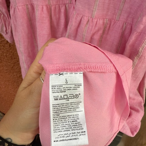 OLD NAVY DRESS Shirt Button Size Large Pink Stripes Linen Blend Summer Colorful - Picture 4 of 5